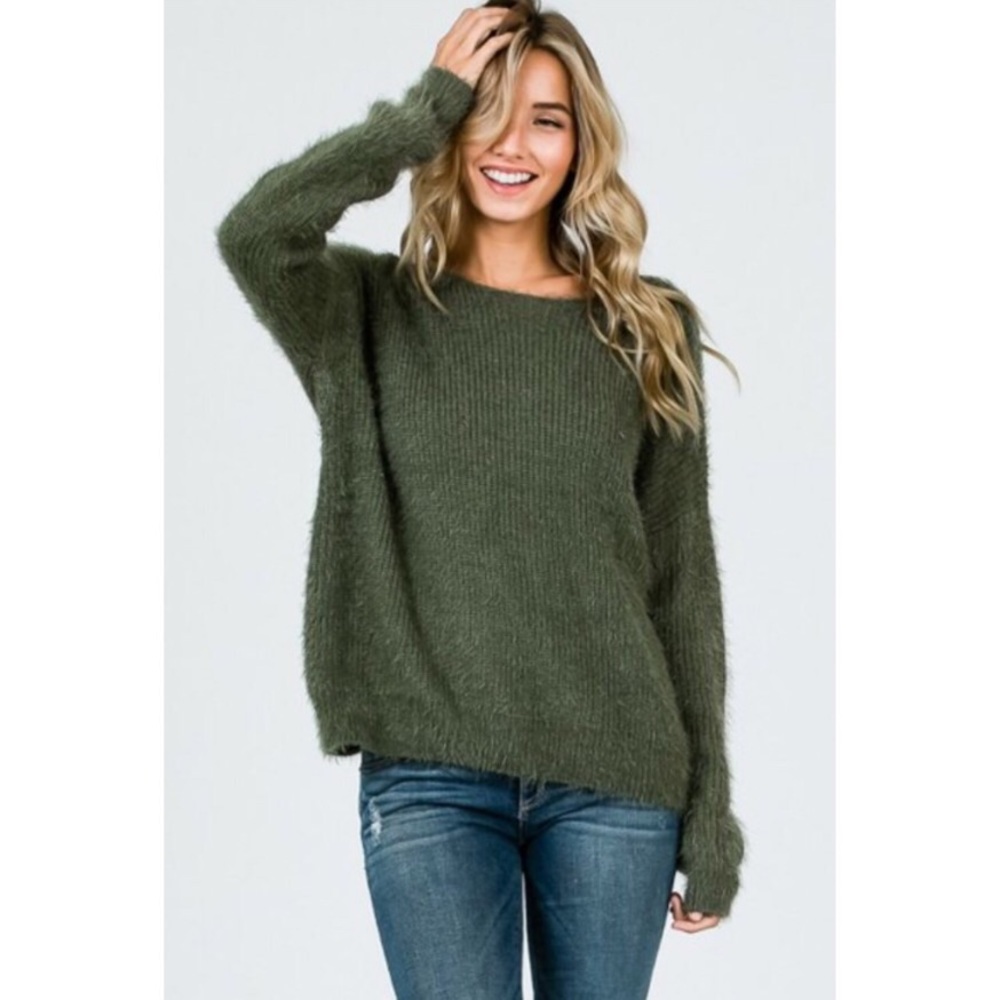 •LAST 1• Olive Fuzzy Knot Twist Back Sweater - Picture 2 of 5